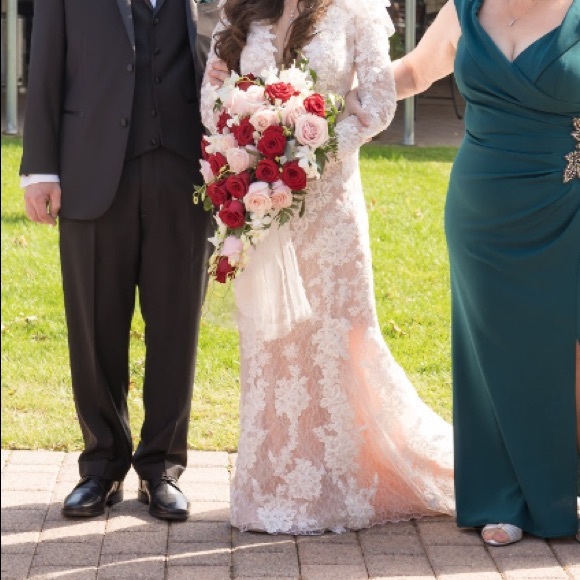 Petite long sleeve plunging v-neckline ivory lace wedding gown